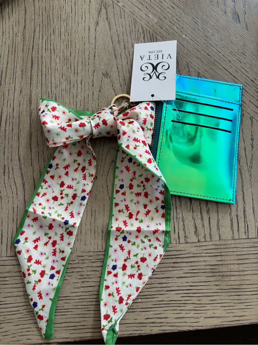 VIETA Floral Bow Keychain Card Holder Wallet Charm NWT Green Holographic